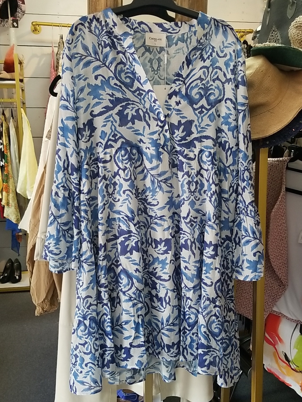Chocolate Blue & White Floral Midi Dress